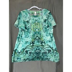 Time and Tru Womens XL Teal Aqua Boho Medallion Print Short Sleeve Top Blouse
